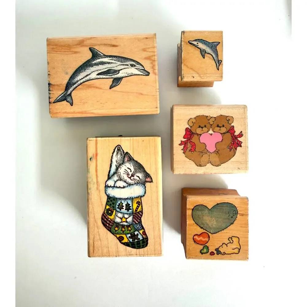 Vintage Wood Mounted Rubber Stamps Assorted Lot of 34 Animals, Flowers, Birthday